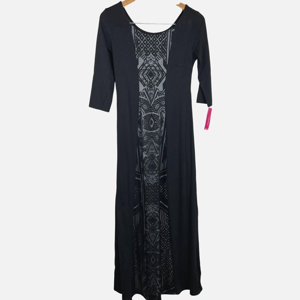 Xhilaration M Goth Grunge Black Maxi Dress Tribal Print Insert 3/4 Sleeves Maxi